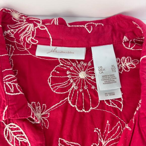 JH Collection XL Pink White Embroidered Floral Button Up Woman's Bell Slv Blouse - Picture 7 of 9